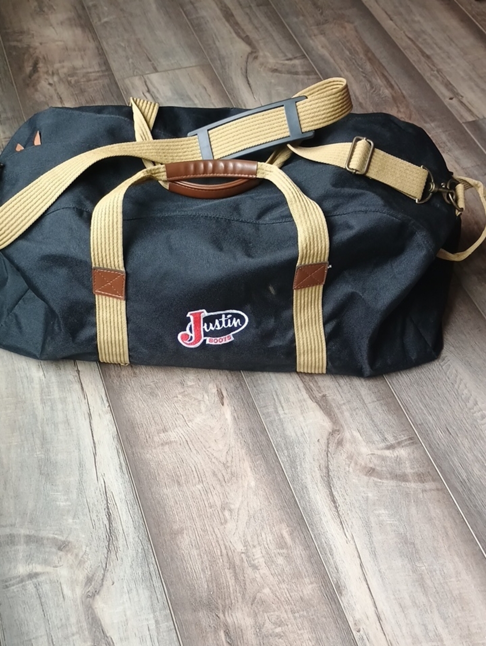Justin Boots Black Duffel Bag with Tan Straps